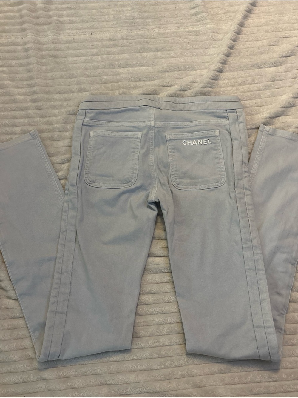CHANEL Pale Blue Logo Back-Pocket Trousers